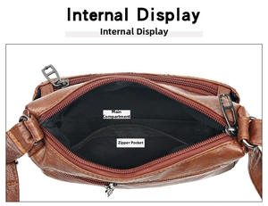 Internal display of brown leather shoulder bag showing spacious main compartment and zipper pocket