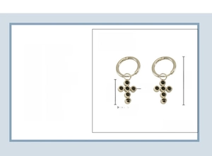 Detail showing 18k gold plated stainless steel cross earrings with dimensions 12x33mm