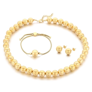 Polished gold beaded jewelry set with round necklace, bracelet and stud earrings