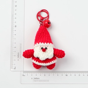 Handmade crochet Santa Claus keychain with red bell and metal ring, 7.5cm festive gift