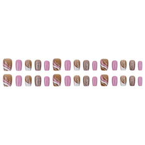 Pink and brown press-on nails with glitter and wave patterns on white background