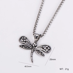 Detail view of dragonfly pendant with dimensions 40.5x26mm on stainless steel box chain