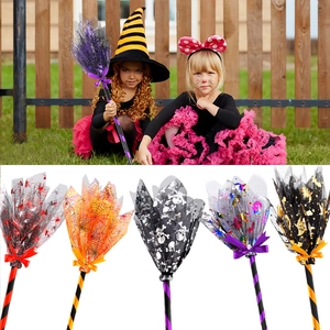 Halloween witch broom with LED lights and colorful mesh for party decoration and kids costumes