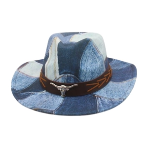 Classic Western denim patchwork cowboy hat with leather band and metal bull head ornament
