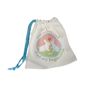White cotton rabbit illustration drawstring storage pouch for travel toiletries and gifts