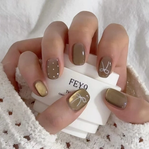 Cat Eye Effect Press On Nails ABS Plastic Bow Polka Dot Light Brown Mocha Elegant Removable Artificial Fingernails