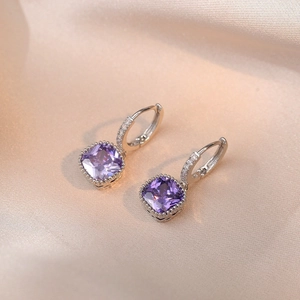 Elegant purple square-cut zircon earrings with silver setting and micro-pave detailing