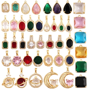 DIY Jewelry Making Charms Gold Plated Copper Cubic Zirconia Pendants Geometric Moon Star Heart Colorful CZ Gems Accessory