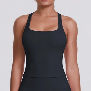 Detail of black racerback sports tank top with square neck and moisture-wicking fabric
