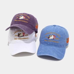 Three embroidered United States 250th Anniversary baseball caps in purple, white, and blue
