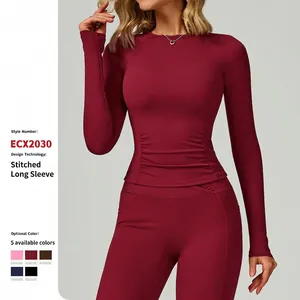 Haut De Yoga Et Pantalon Femmes Manches Longues Taille Froncée Coupe Ajustée Nylon Spandex Élastique Sport Gym