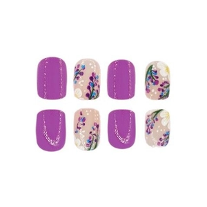 Lavender and floral press-on nails with purple glitter stripes and glossy finish