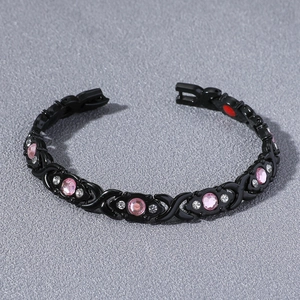 Hip hop magnetic bracelet in black metal with pink gemstones and crystal rhinestones