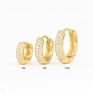 Detailed size comparison of 6mm, 8mm, and 10mm gold pavé crystal hoop earrings