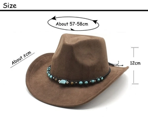 Brown suede felt cowboy hat dimensions including 57-58cm circumference and 8cm brim detail