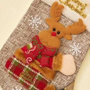 Linen Christmas stocking with 3D reindeer, Merry Christmas text and snowflake details