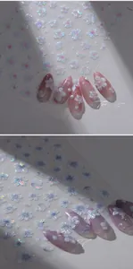 Macro detail of M576 cherry blossom nail art stickers with laser holographic finish