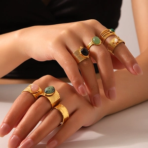 Vintage Natural Stone Stainless Steel Open Rings For Women Gold Plated Bohemian Malachite Tiger Eye Adjustable Ring