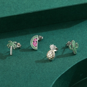 Set de boucles d'oreilles S925 argent avec palmier, pastèque, ananas et cactus en zircons