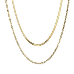 Minimalist Double Layered Snake And Box Chain Necklace Stainless Steel Gold Plated Geometric Elegant Jewelry For Women