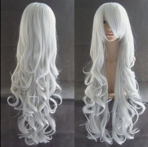 Front and back view of long white curly cosplay wig with bangs made of heat resistant fiber
