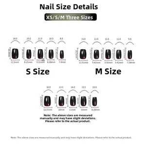 Size guide table showing arc, length, and width measurements for pink cat-eye press-on nails