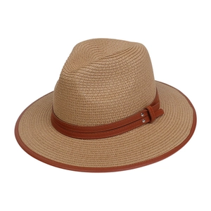 British style khaki straw fedora hat with brown leather trim and silver rivets on white background