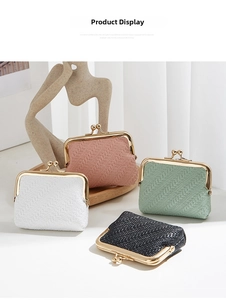 Close-up of retro woven mini coin purses with gold metal frames in four vibrant colors