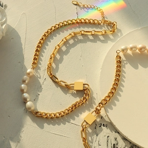 Necklace Titanium Steel 18K Gold Plated Spliced Cuban Chain Freshwater Pearl Lock Pendant Asymmetric Retro Jewelry Women