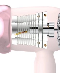Vista esplosa dell'asciugacapelli rosa per bambini con motore interno e componenti