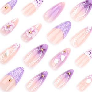 French almond fake nails with purple gradient, 3D flowers, pearls and white stones