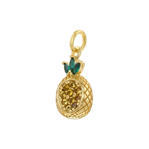 Detailed close-up of a gold pineapple pendant with yellow and green inlaid gemstones
