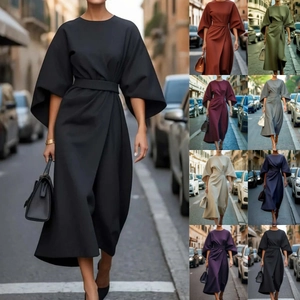 Women Elegant Maxi Dress Round Neck Lantern Sleeve Solid Color Waist Tie Belt Casual Commute Fashion Polyester