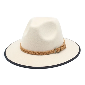 Chapeau Fedora en feutre de laine beige de style britannique avec ruban tressé marron