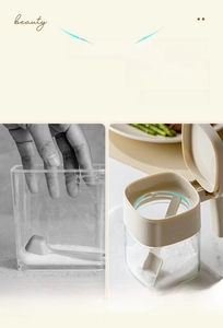 Detail of spice jar lid with integrated spoon holder to prevent slipping into seasoning