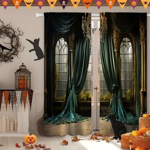 Detailed close-up of 3D gothic digital print curtains with golden chandeliers and arches