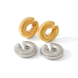 Polished C-shape ribbed stainless steel clip-on earrings in 18K gold and silver finish