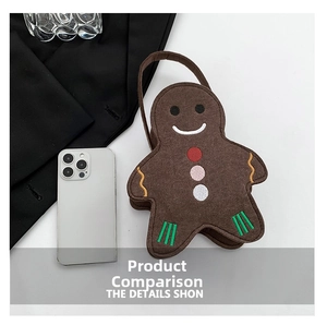 Détail du sac en feutre bonhomme en pain d'épices avec broderie et accessoires de vie