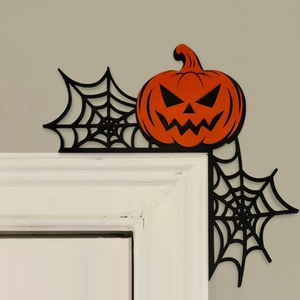 Halloween door corner decor with orange pumpkin and black spider web wood craft