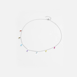 Detailed macro view of S925 silver necklace with pear-cut multi-color zircon pendants