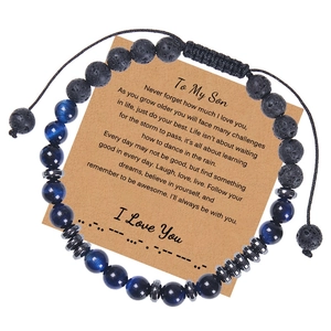 Detail of blue tiger eye and lava stone beads on Morse code bracelet with gift card