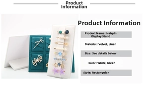 Detail view of rectangular velvet and linen hair clip display stand with card slots