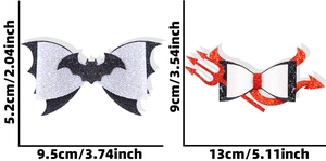 Glitter Halloween hair clips with bat and devil horn designs including size measurements