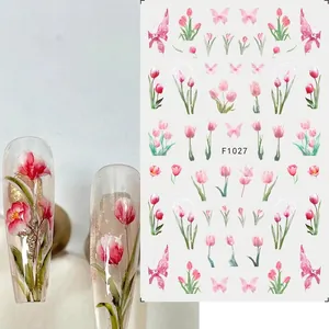 Detail of F1027 nail art stickers with pink tulips and butterflies on clear nails