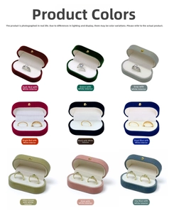 Velvet jewelry boxes with gold buckles shown in nine vibrant colors for rings and earrings