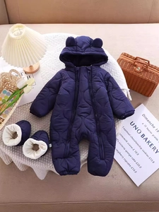 Tutina neonato imbottita blu navy con cappuccio, orecchie da orso e doppia cerniera