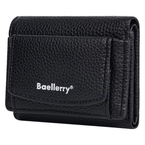 Baellerry short black trifold wallet with litchi grain texture and silver logo