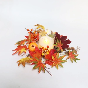Autumn candle ring with faux maple leaves, mini pumpkins, berries and glass LED holder