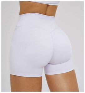 Detailed back view of high-waisted lavender biker shorts with V-shaped seam for booty lift