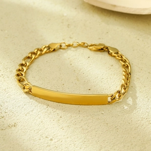 Minimalist 18K gold plated titanium steel ID bracelet with a rectangular nameplate